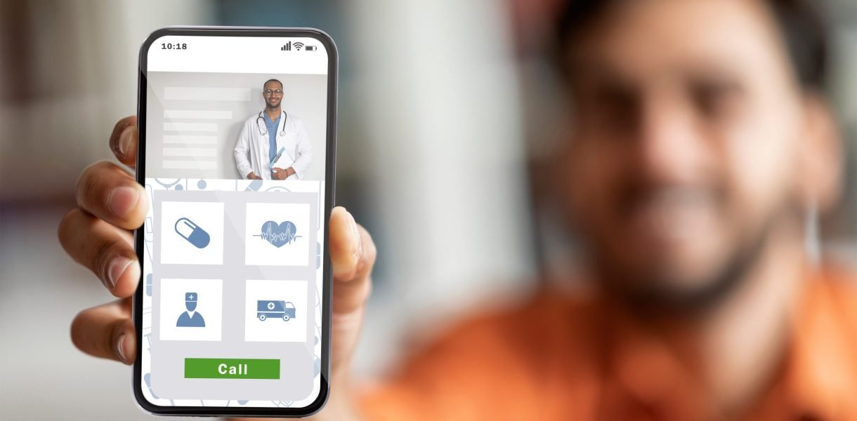 Smiling arab man demonstrating healthcare app on his smartphone, unrecognizable male recommending modern application for online medical services, advertising telemedicine, creative collage
